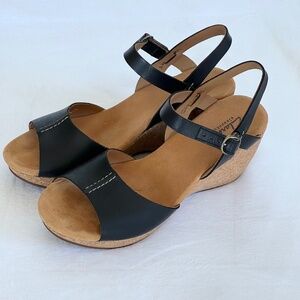 Clarks Leather Ankle Strap Cork Wedge Sandals, size 10, black